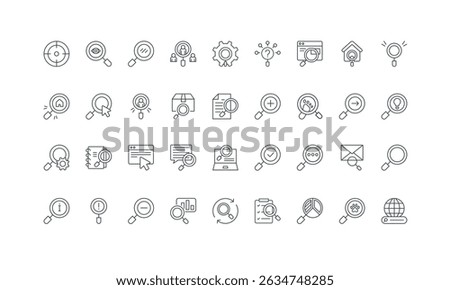 Document research, control quality issue, HR find thin black outline symbols vector illustration. Search and magnify, discovery and inspect data, focus on information with loupe line icon set.