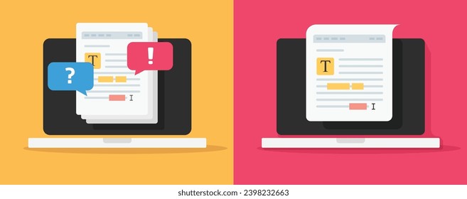 Revisión de documentos editor de corrección software servicio de software en línea icono virtual vector ilustración gráfica en el equipo portátil pc, el autor escribe contenido de archivo de texto usar comentarios de discusión de colaboración en el documento