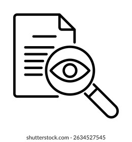 Dokumentenprüfung oder Datenprüfung. Es zeigt ein Papier mit Lupe mit einem Auge. Gliederungsstil. Vektor. Einzeln auf weißem Hintergrund.