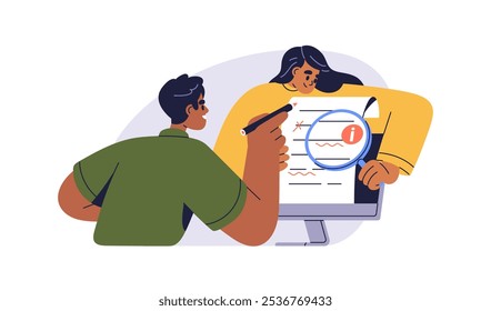 Document review and grammar check. Professional editors searching, looking for spelling mistakes, finding errors, correcting, proofreading text. Flat vector illustration isolated on white background