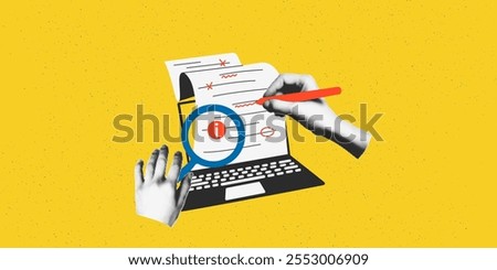 Document review halftone collage banner template. Cut out hands making grammar, spelling check, searching for mistakes, proofreading papers online with laptop computer Modern retro vector illustration
