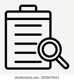 Document review icon, illustration of a document with a magnifying glass for analyzing a project report suitable for infographics and presentation elements about work and business.