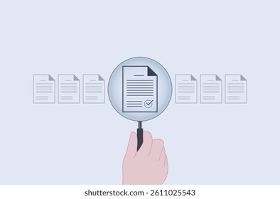 Document review process and quality control concept background vector art. Hand holding magnifying glass over a document icon with a checklist. Document review and approval certificate
