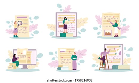 Document revision and grammar editor concept of set. People check documents for spelling and grammar mistakes, cartoon vector illustration isolated on white background.