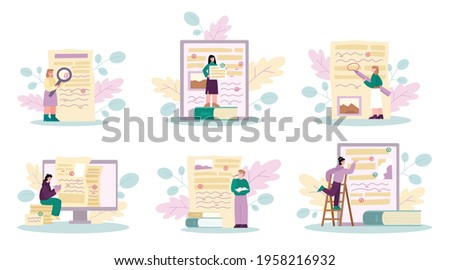 Document revision and grammar editor concept of set. People check documents for spelling and grammar mistakes, cartoon vector illustration isolated on white background.