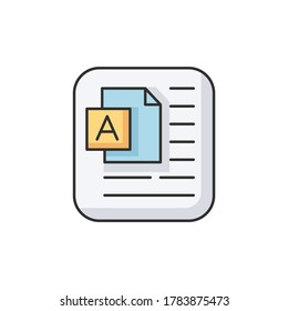 Document RGB color icon. Information on pape sheet. Page with text. Computer document. Writing article in notepad. Copy writing. Business message. Report doc. Isolated vector illustration