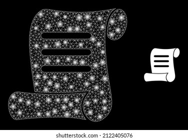 Document roll icon and glowing mesh document roll model with glowing light spots. Illuminated constellation is done using document roll vector icon and triangle mesh. Illuminated frame document roll,