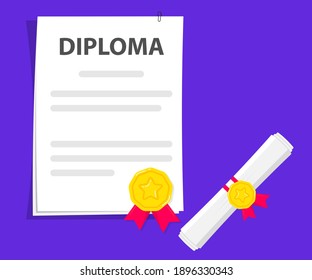 Document. Rolled and unrolled diploma paper scroll with stamp. Certificate degree of university, college or school graduates alumni success and course completion. Graduation test blank with red ribbon