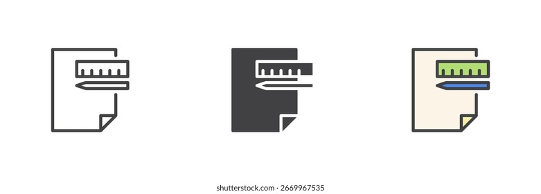 Documento con la Regla y el lápiz en diverso conjunto de iconos del estilo. Versiones de contorno de línea, sólido y relleno. Signo y Vector de color para el diseño, dibujo e icono de papelería.