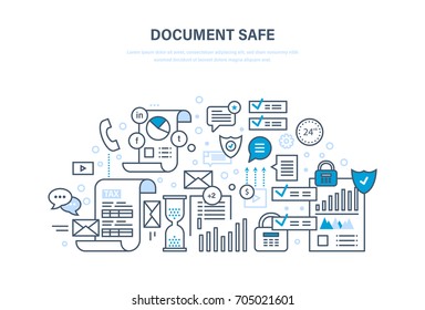 Documentar conceito seguro. Segurança de documentos, proteção de dados, integridade garantida das informações e mensagens. Segurança de documentos importantes. Desenho de linha fina de ilustração de doodles vetoriais.