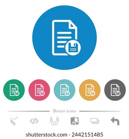 Document save flat white icons on round color backgrounds. 6 bonus icons included.