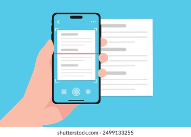Escaneo de documentos con cámara de App móvil, reconocimiento de texto y escaneo con teléfono inteligente en la mano.