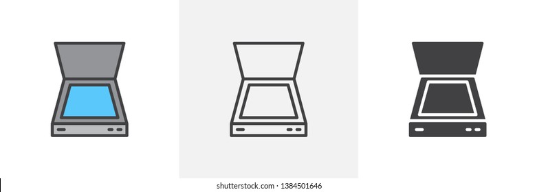 Document scanner icon. Line, glyph and filled outline colorful version, open scanner outline and filled vector sign. Symbol, logo illustration. Different style icons set. Vector graphics