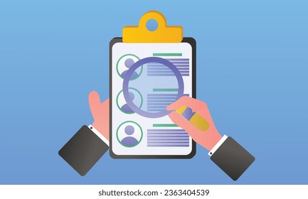 Document scanning. file reviewing concept. hand holding magnifying glass examining paperwork.on blue background.Vector Design Illustration.
