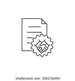 Document with seal of mutual assistance, joint interest. Vector linear icon isolated on white background.