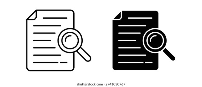 Document search and audit icon vector set. Magnifying glass over paper symbol for data analysis, file review, and information research. Vector Illustration.