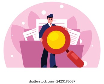 Document search. Businessman holding a huge magnifying glass. Background with big folder with documents. Vector graphics