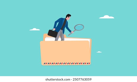 Document, search or file archive, office contract concept, research papers or documentation files, company documents archive, businessman looking for files in a document file using a magnifying glass