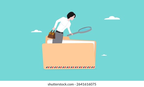 Document, search or file archive, office contract concept, research papers or documentation files, company documents archive, woman looking for files in a document file using a magnifying glass
