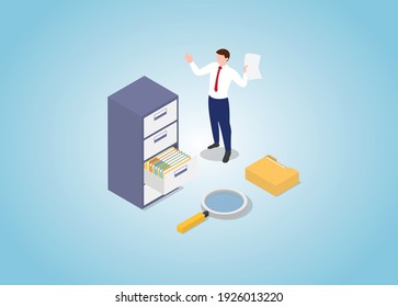 Document Search With File Stack And Cabinet With Modern Isometric Style