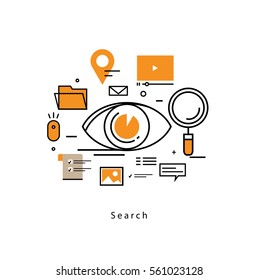 Document search flat line business vector illustration design banner. File search, global e-learning, online education, internet teaching, university graduation, remote study. Mobile and web graphics