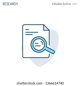 Document search icon, Investigate and analyse contract details, Magnifying Glass, Corporate Business office files, Editable stroke