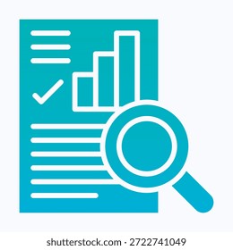 Document Search Icon: Magnifying Glass On Paper For Data Analysis, Solid Gradient Style Icon.