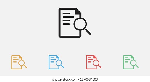 Document search icon. Document page with magnifier sign. Search in file icon. Find in document symbol. Vector illustration icon. Set of colorful flat design icons