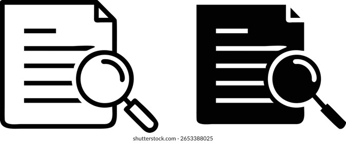 Ícone de pesquisa de documento vetor em contorno e estilo sólido que representa revisão e análise de arquivo