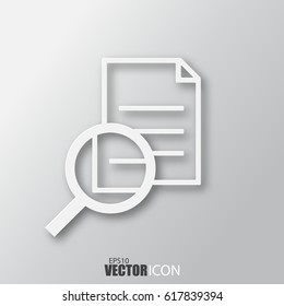 Document search icon in white style with shadow isolated on grey background. For your design, logo. Vector illustration.