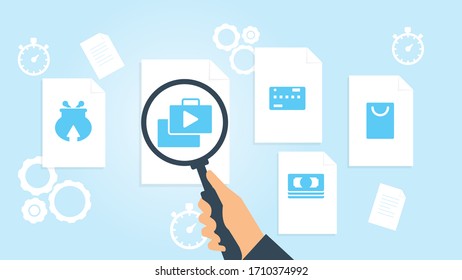 Document with search icons. File and magnifying glass. Analytics research sign. Vector Illustrationbag product shop file, document research vector illustration