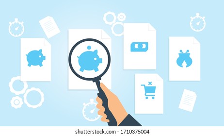 Document with search icons. File and magnifying glass. Analytics research sign. Vector Illustrationcoming money wallet file, document research vector illustration