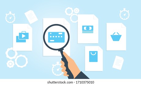 Document with search icons. File and magnifying glass. Analytics research sign. Vector Illustrationbasket ecommerce shop file, document research vector illustration