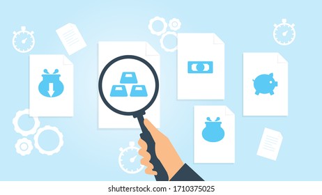 Document with search icons. File and magnifying glass. Analytics research sign. Vector Illustrationcash money piggy bank file, document research vector illustration