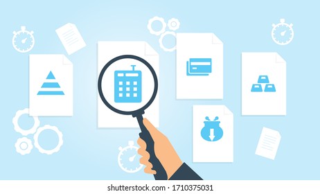 Document with search icons. File and magnifying glass. Analytics research sign. Vector Illustrationbank gold money file, document research vector illustration