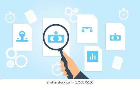 Dokument mit Suchsymbolen. Datei und Vergrößerungsglas. Forschungszeichen für Analytik Vektorillustration Illustration Cash finance money file, document research Vektorillustration Illustration