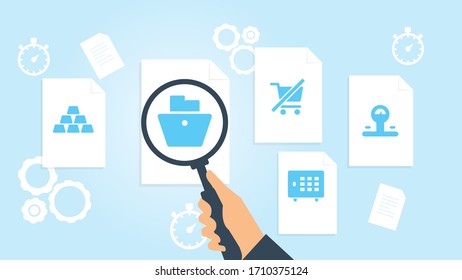 Dokument mit Suchsymbolen. Datei und Vergrößerungsglas. Forschungszeichen für Analytik Vektorillustration Illustrationbalance-Skala, Vektorillustration zur Dokumentenrecherche, Illustration