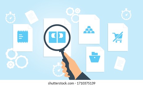 Document with search icons. File and magnifying glass. Analytics research sign. Vector Illustrationcart clear shopping file, document research vector illustration