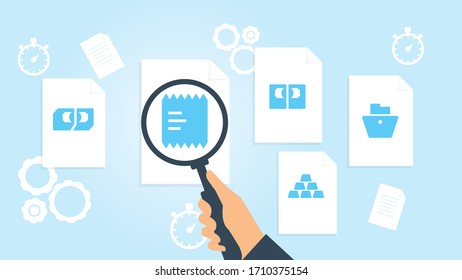 Documento con iconos de búsqueda. Fichero y lupa. Signo de investigación analítica. Vector Illustrationbasket archivo de compra de salida, ilustración vectorial de investigación de documentos