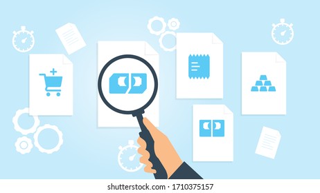 Dokument mit Suchsymbolen. Datei und Vergrößerungsglas. Forschungszeichen für Analytik Vektorillustration Illustrationfinance gold money file, document research Vektorillustration Illustration