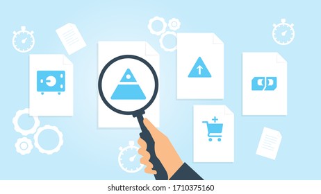 Dokument mit Suchsymbolen. Datei und Vergrößerungsglas. Forschungszeichen für Analytik Vektorillustration Illustration Bargeld-Gelddatei, Dokumentenrecherche Vektorillustration Illustration