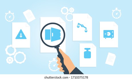 Dokument mit Suchsymbolen. Datei und Vergrößerungsglas. Forschungszeichen für Analytik Vektorillustration Illustration Depositengeld-Safe-Datei, Dokumentenrecherche Vektorillustration Illustration