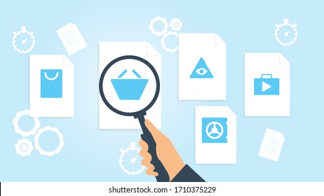 Documento con iconos de búsqueda. Fichero y lupa. Signo de investigación analítica. Vector Illustrationbag play store, ilustración vectorial de investigación de documentos