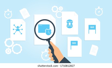 Document with search icons. File and magnifying glass. Analytics research sign. Vector Illustrationflag go launch file, document research vector illustration