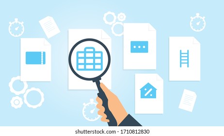 Documento con iconos de búsqueda. Fichero y lupa. Signo de investigación analítica. Vector Illustrationarchivo de metáfora de la escalera empresarial, ilustración vectorial de la investigación de documentos