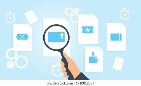 Dokument mit Suchsymbolen. Datei und Vergrößerungsglas. Forschungszeichen für Analytik Vektorillustration Illustrationticket-Datei, Vektorillustration Dokumentrecherche, Illustration