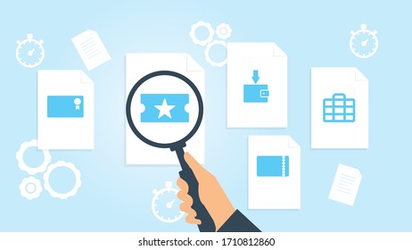 Document with search icons. File and magnifying glass. Analytics research sign. Vector Illustrationcase million money file, document research vector illustration