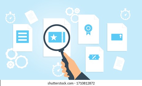 Dokument mit Suchsymbolen. Datei und Vergrößerungsglas. Forschungszeichen für Analytik Vektorillustration Illustrationlizenz-Siegeldatei, Vektorillustration Dokumentrecherche, Illustration