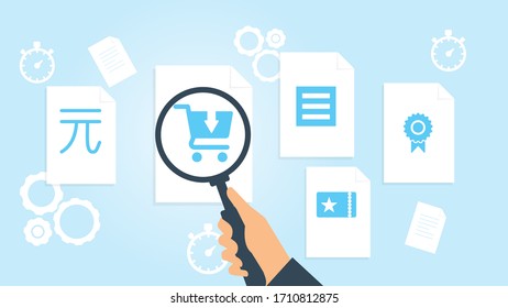 Document with search icons. File and magnifying glass. Analytics research sign. Vector Illustrationcertificate guarantee license file, document research vector illustration