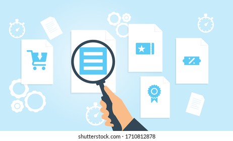 Document with search icons. File and magnifying glass. Analytics research sign. Vector Illustrationlabel price sale file, document research vector illustration